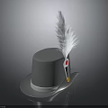 Stylish Gray Top Hat With White Feather Trim And Decorative Accents