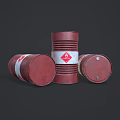 Three Red Industrial Equipment Drums With Warning Symbols On Reflective Surface