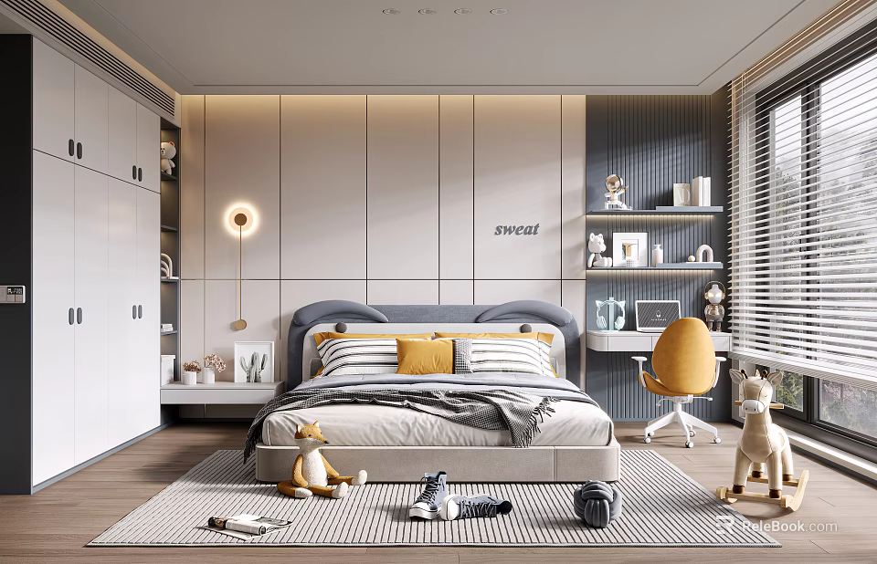 Modern Kids Room Interior With Bed Bookshelf Desk Chair Toys And Cozy Rug Decor 3d model 