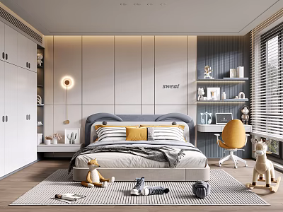 Modern Kids Room Interior With Bed Bookshelf Desk Chair Toys And Cozy Rug Decor 3d model