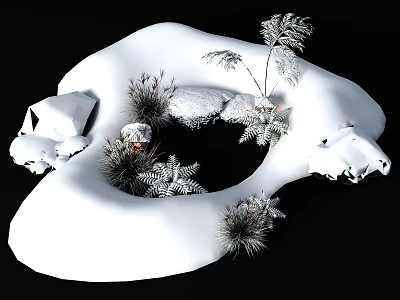 Snow Covered Garden Landscape With Evergreen Plants And Natural Stones 3d model
