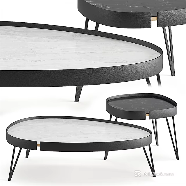 Modern Round Coffee Table With Smooth Marble Top And Black Metal Frame 3d model