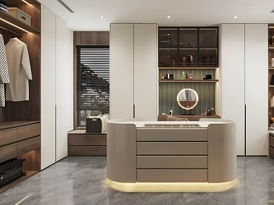 Modern Walk-in Closet Interior Design With Dressing Table Mirror Clothing Rack And Storage Cabinets 3d model