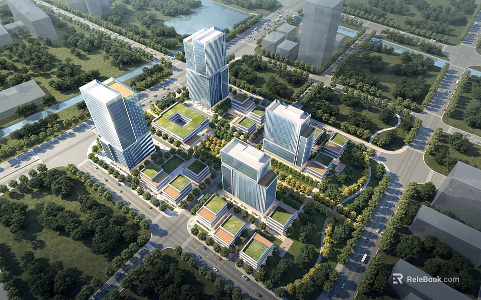 Birds Eye View Urban Master Plan With Modern Buildings Green Spaces Waterbody And Roads 3d model 