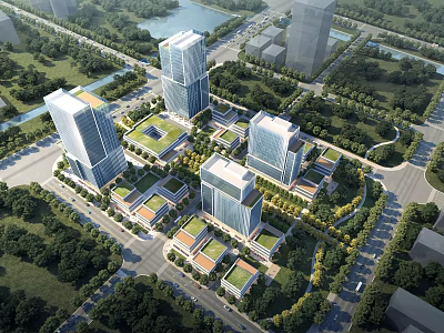 Birds Eye View Urban Master Plan With Modern Buildings Green Spaces Waterbody And Roads 3d model