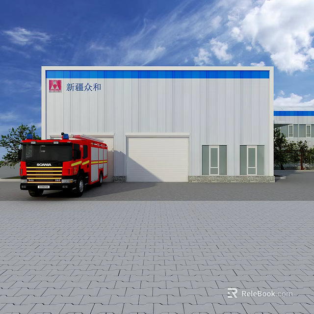 Industrial Factory Building with White Exterior Blue Stripe and Red Fire Truck Parked Outside 3d model 