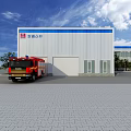 Industrial Factory Building with White Exterior Blue Stripe and Red Fire Truck Parked Outside
