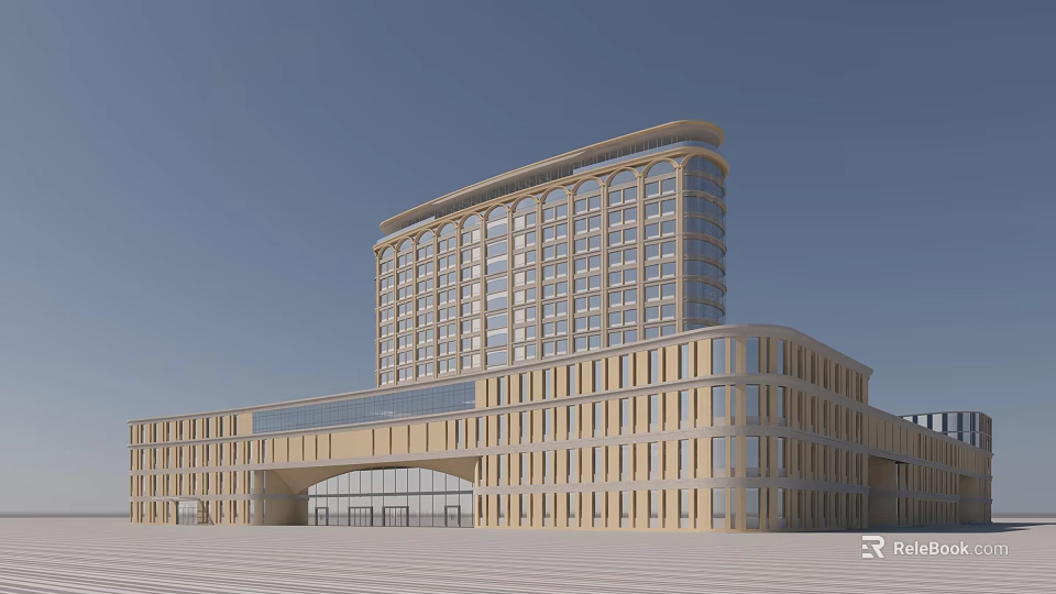 Grand Modern Commercial Complex Exterior With Glass Facade Arched Entrance And Open Plaza 3d model 