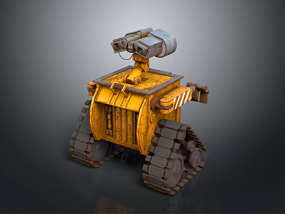 Yellow Tracked Robot Character With Mechanical Arm And Sensor Camera Design 3d model