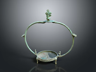 Ancient Bronze Lamp Combination With Circular Frame Decorative Top And Tray Base 3d model