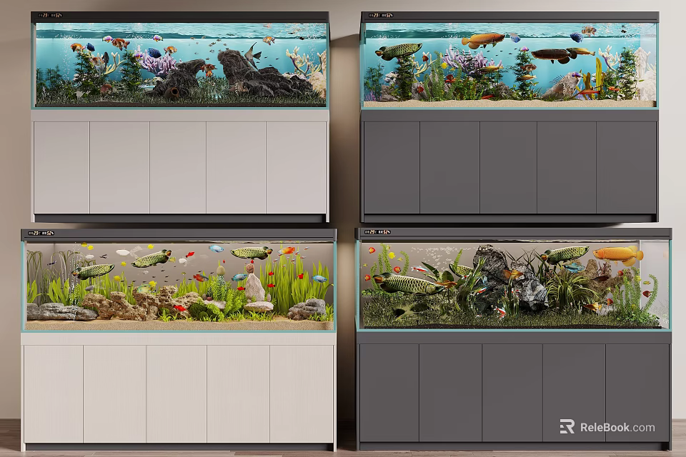 Different Styles Of Aquariums With Plants Fish Decor And Cabinets 3d model 