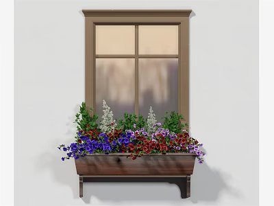 Casement Window with Brown Frame and Flower Box of Colorful Flowers 3d model