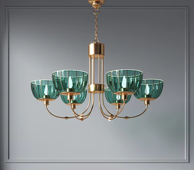 Modern Green Glass Chandelier With Gold Metal Frame And Multiple Shades 3d model
