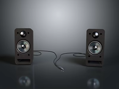 Black Speakers With Silver Drivers And Connecting Cable Placed On Grey Surface Against Dark Background 3d model