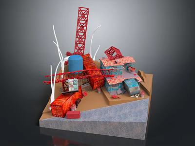Construction Site Components 3D Model With Red Crane Blue Tank White Poles And Building Modules 3d model