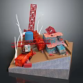 Construction Site Components 3D Model With Red Crane Blue Tank White Poles And Building Modules