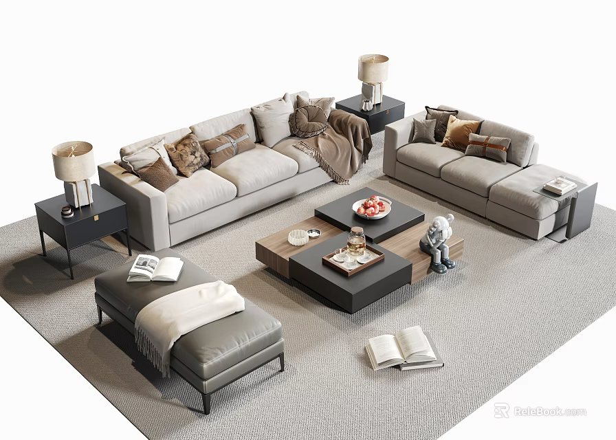 Modern Sofa And Coffee Table Set With Decorative Pillows Throw Blanket Side Tables And Lamps 3d model