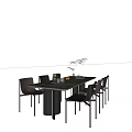 Modern Dining Table and Chairs Set with Dark Top Black Chairs and Decorative Vase