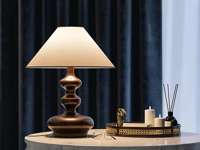 Modern Table Lamp Brown Base Beige Shade on Table with Candle Tray Incense Sticks 3d model
