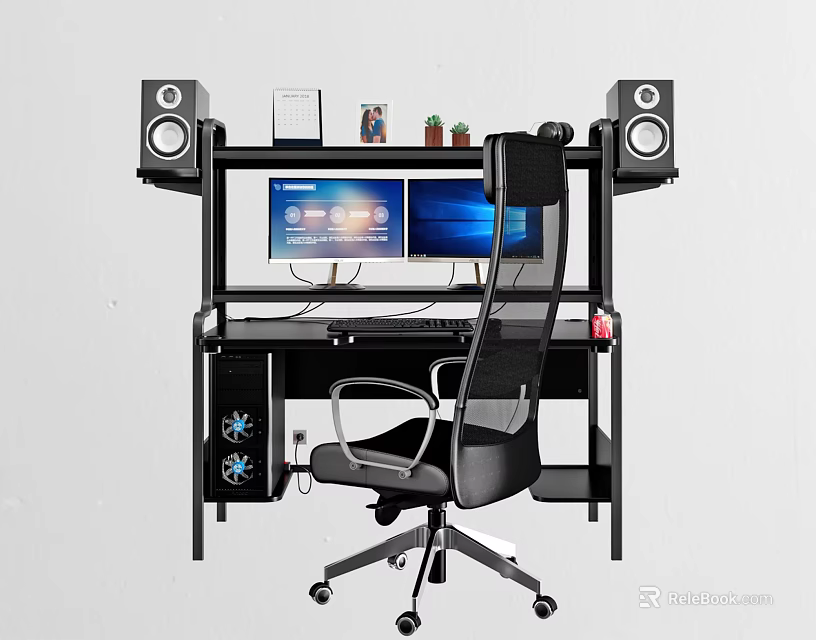 Modern Office Desk With Dual Monitors Black Ergonomic Chair Speakers And Storage Shelves 3d model 
