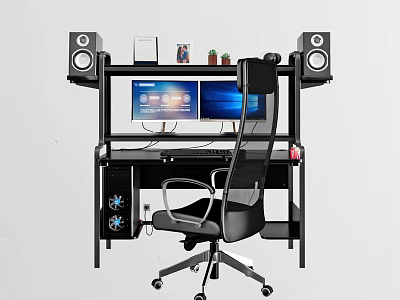 Modern Office Desk With Dual Monitors Black Ergonomic Chair Speakers And Storage Shelves 3d model