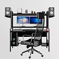 Modern Office Desk With Dual Monitors Black Ergonomic Chair Speakers And Storage Shelves