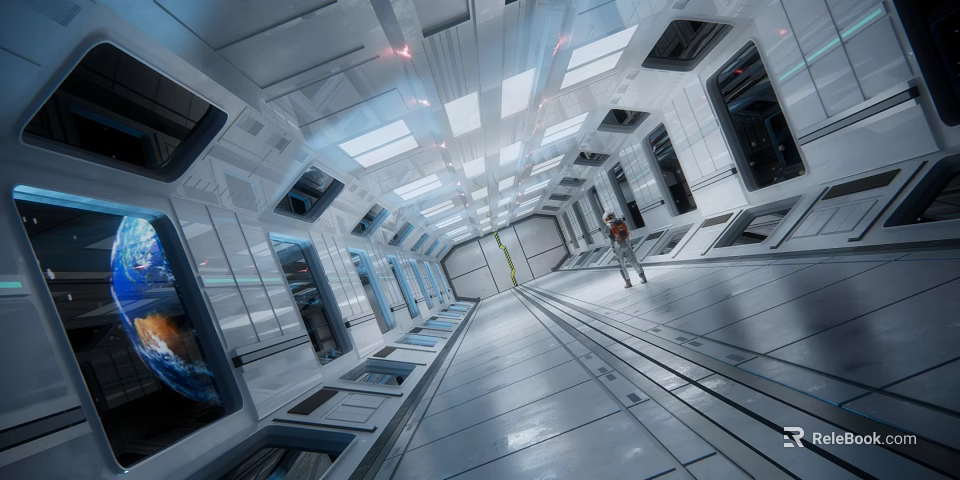 Cartoon Scene Of Futuristic Space Station Corridor With Character Walking And Bright Lighting 3d model 