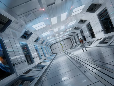 Cartoon Scene Of Futuristic Space Station Corridor With Character Walking And Bright Lighting 3d model