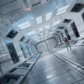 Cartoon Scene Of Futuristic Space Station Corridor With Character Walking And Bright Lighting