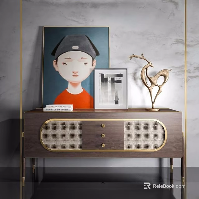 Modern Entryway Console Cabinet With Wooden Gold Accents Rattan Panel Artwork Frame And Sculpture 3d model 