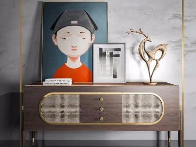 Modern Entryway Console Cabinet With Wooden Gold Accents Rattan Panel Artwork Frame And Sculpture 3d model