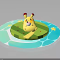 Yellow Animal With Red Ears Sitting On Green Platform Surrounded By Blue Water And Stars