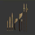 Ancient Medieval Weapons Collection Including Swords Axes And Spears With Wooden Handles