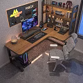 Gaming Desk Setup With Ergonomic Chair Computer Monitor RGB PC Case And Decorative Shelf
