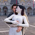 Newlywed Couple Embracing In Front Of Venice Landmark