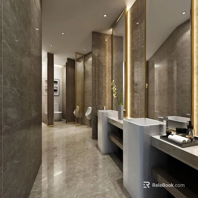 Modern Public Restroom Interior With Marble Walls Washbasins Large Mirrors And Soft Lighting 3d model 