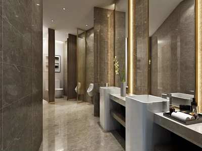 Modern Public Restroom Interior With Marble Walls Washbasins Large Mirrors And Soft Lighting 3d model