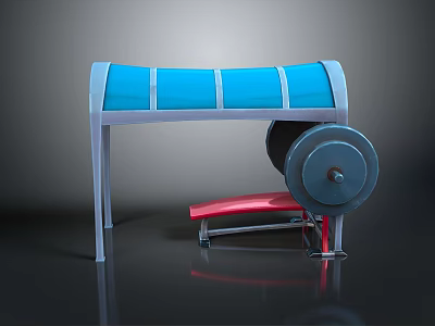Modern Gym Interior Featuring Blue Curved Structure Red Weight Bench And Barbell 3d model