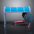 Modern Gym Interior Featuring Blue Curved Structure Red Weight Bench And Barbell