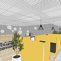 Modern Office Interior Design With Glass Windows Yellow Chairs And Exhibition Area