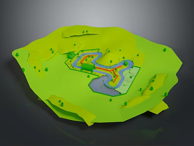 Playful Cartoon Scene With Green Terrain Winding Path Small Pond And Trees 3d model