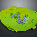 Playful Cartoon Scene With Green Terrain Winding Path Small Pond And Trees