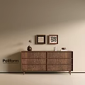 Modern Wooden Entryway Cabinet Sideboard Design With Drawers And Decorative Picture Frames On Wall