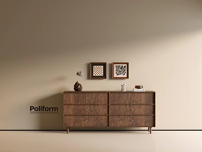 Modern Wooden Entryway Cabinet Sideboard Design With Drawers And Decorative Picture Frames On Wall 3d model