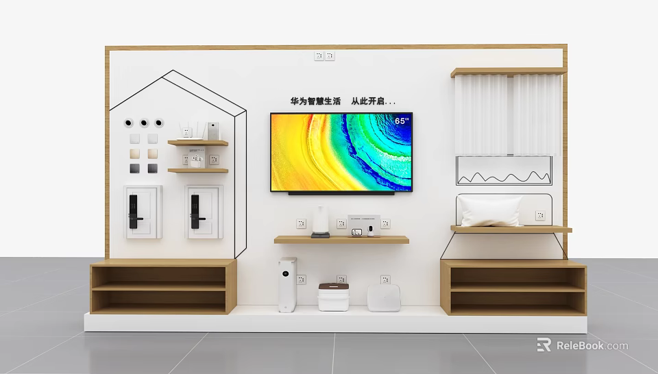 Modern Display Shelves with White and Wooden Design Showcasing Home Electronics TV and Devices 3d model 