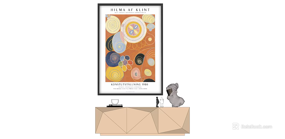 Hilma af Klint Abstract Artwork With Colorful Circles On Geometric Beige Cabinet And Pug Statue 3d model 