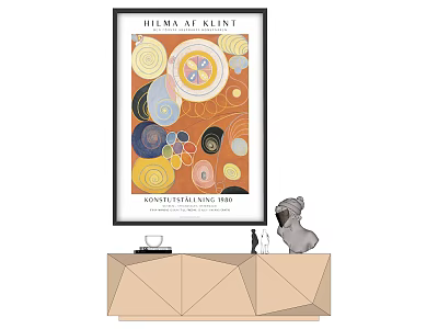 Hilma af Klint Abstract Artwork With Colorful Circles On Geometric Beige Cabinet And Pug Statue 3d model