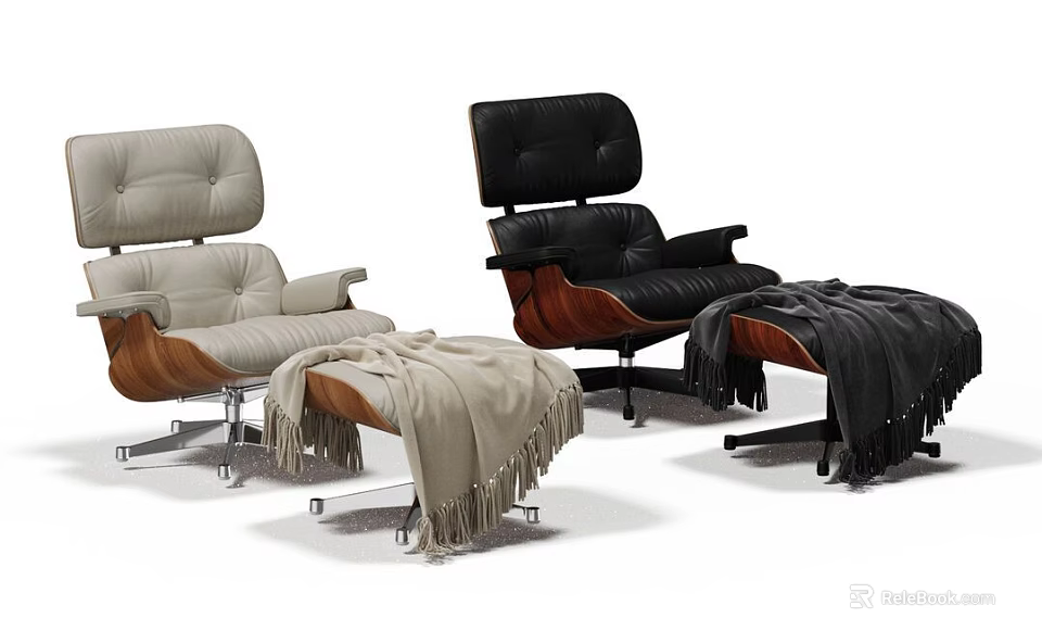 Stylish Leisure Chairs Light Gray And Black With Matching Ottomans Fringed Blankets Wooden Arms 3d model 