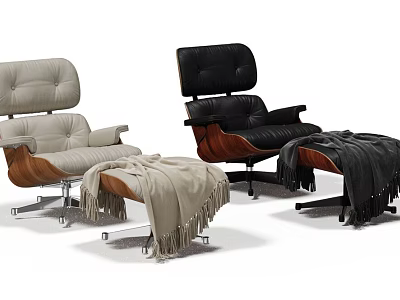 Stylish Leisure Chairs Light Gray And Black With Matching Ottomans Fringed Blankets Wooden Arms 3d model