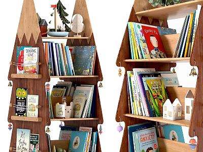 Tree Shaped Wooden Bookshelves With Various Books And Small Decorative Ornaments 3d model